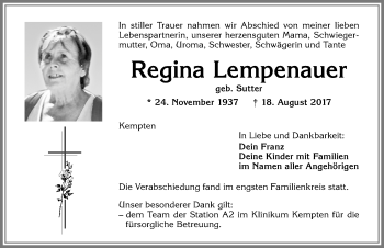 Traueranzeige von Regina Lempenauer von Allgäuer Zeitung,Kempten