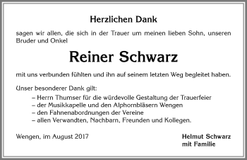 Traueranzeige von Reiner Schwarz von Allgäuer Zeitung,Kempten