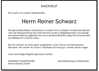 Traueranzeige von Reiner Schwarz von Allgäuer Zeitung,Kempten