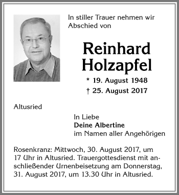 Traueranzeige von Reinhard Holzapfel von Allgäuer Zeitung,Kempten