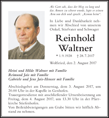 Traueranzeige von Reinhold Waltner von Der Westallgäuer
