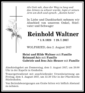 Traueranzeige von Reinhold Waltner von Allgäuer Anzeigeblatt