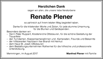 Traueranzeige von Renate Plener von Memminger Zeitung