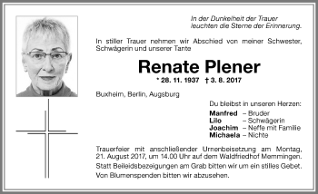Traueranzeige von Renate Plener von Memminger Zeitung