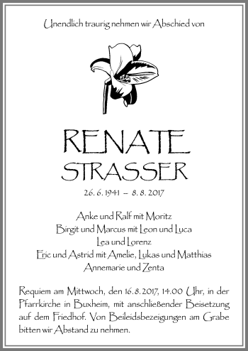 Traueranzeige von Renate Strasser von Memminger Zeitung