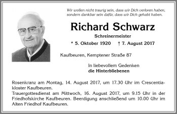 Traueranzeige von Richard Schwarz von Allgäuer Zeitung, Kaufbeuren/Buchloe