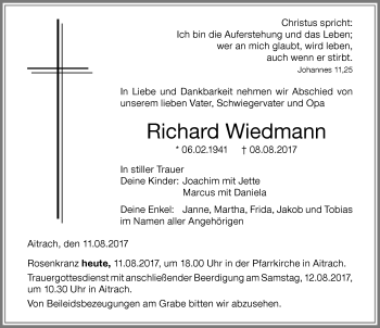 Traueranzeige von Richard Wiedmann von Memminger Zeitung