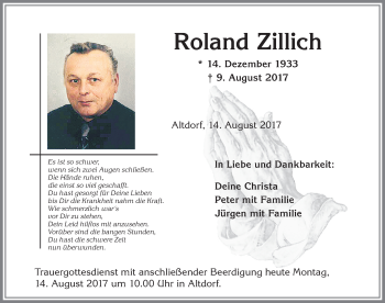 Traueranzeige von Roland Zillich von Allgäuer Zeitung, Marktoberdorf