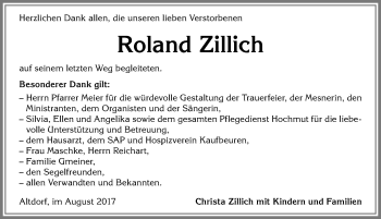 Traueranzeige von Roland Zillich von Allgäuer Zeitung, Marktoberdorf