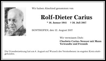 Traueranzeige von Rolf-Dieter Carius von Allgäuer Anzeigeblatt