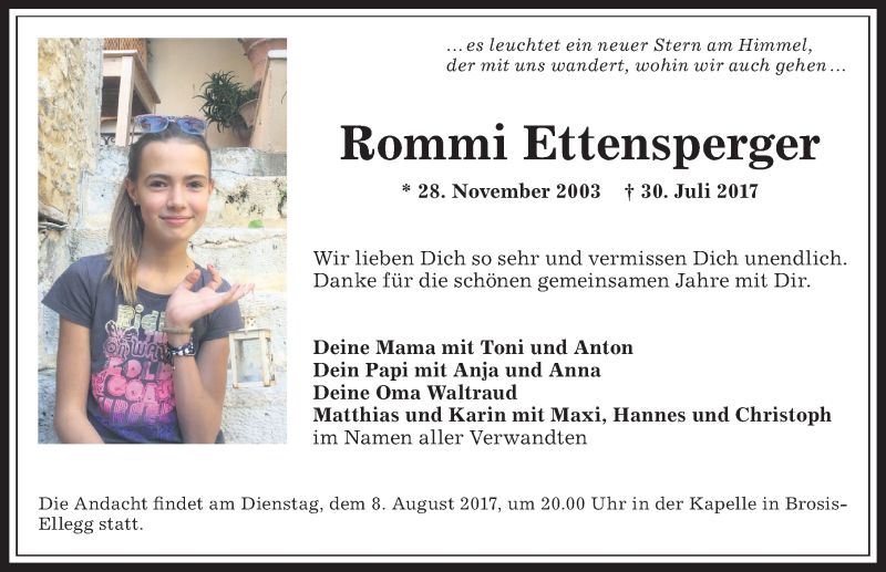  Traueranzeige für Rommi Ettensperger vom 05.08.2017 aus Allgäuer Anzeigeblatt