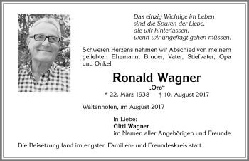 Traueranzeige von Ronald Wagner von Allgäuer Zeitung,Kempten