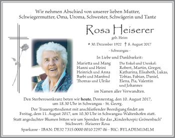 Traueranzeige von Rosa Heiserer von Allgäuer Zeitung, Füssen