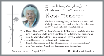 Traueranzeige von Rosa Heiserer von Allgäuer Zeitung, Füssen