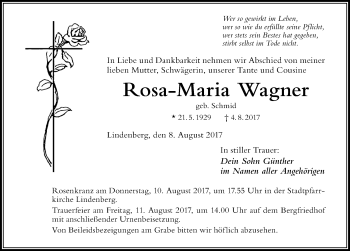 Traueranzeige von Rosa-Maria Wagner von Der Westallgäuer