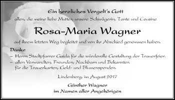 Traueranzeige von Rosa-Maria Wagner von Der Westallgäuer