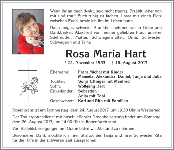 Traueranzeige von Rosa Maria Hart von Allgäuer Zeitung, Marktoberdorf