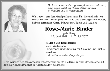 Traueranzeige von Rose-Marie Binder von Allgäuer Zeitung, Marktoberdorf