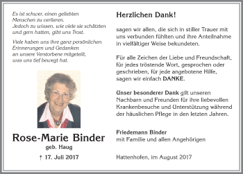 Traueranzeige von Rose-Marie Binder von Allgäuer Zeitung, Marktoberdorf
