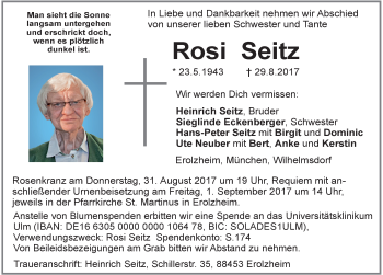 Traueranzeige von Rosi Seitz von Allgäuer Zeitung