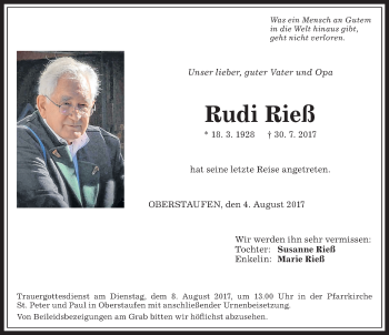 Traueranzeige von Rudi Rieß von Allgäuer Anzeigeblatt