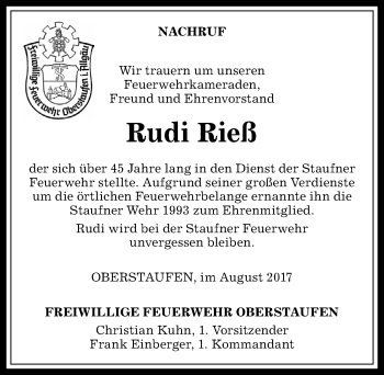 Traueranzeige von Rudi Rieß von Allgäuer Anzeigeblatt