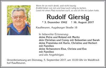 Traueranzeige von Rudolf Giersig von Allgäuer Zeitung, Kaufbeuren/Buchloe