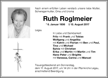 Traueranzeige von Ruth Roglmeier von Memminger Zeitung