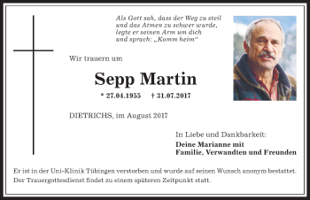 Traueranzeige von Sepp Martin von Allgäuer Anzeigeblatt