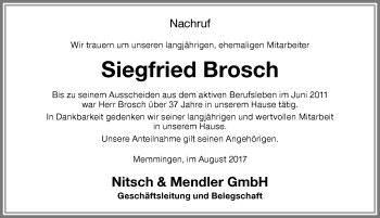 Traueranzeige von Siegfried Brosch von Memminger Zeitung