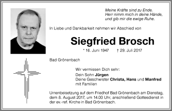 Traueranzeige von Siegfried Brosch von Memminger Zeitung