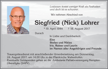 Traueranzeige von Siegfried Lohrer von Allgäuer Zeitung,Kempten