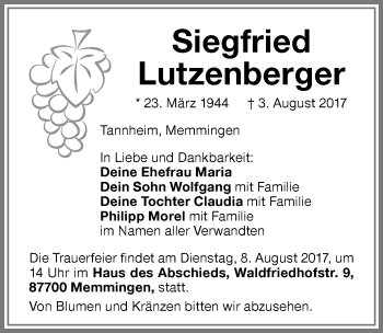 Traueranzeige von Siegfried Lutzenberger von Memminger Zeitung