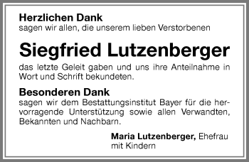 Traueranzeige von Siegfried Lutzenberger von Memminger Zeitung
