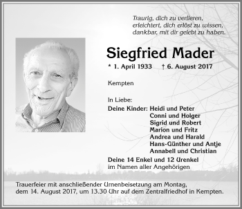 Traueranzeige von Siegfried Mader von Allgäuer Zeitung,Kempten