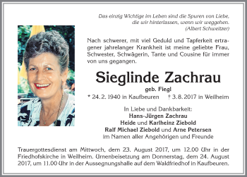 Traueranzeige von Sieglinde Zachrau von Allgäuer Zeitung, Kaufbeuren/Buchloe