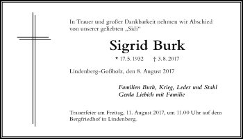 Traueranzeige von Sigrid Burk von Der Westallgäuer