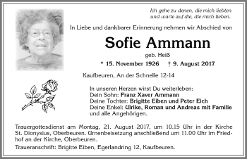 Traueranzeige von Sofie Ammann von Allgäuer Zeitung, Kaufbeuren/Buchloe