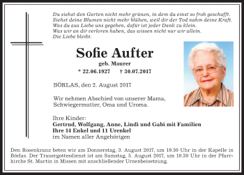 Traueranzeige von Sofie Aufter von Allgäuer Anzeigeblatt