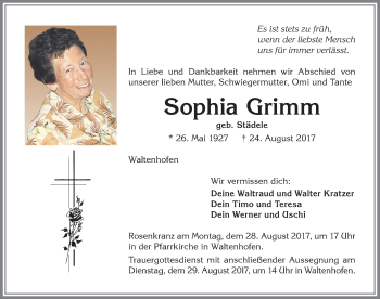 Traueranzeige von Sophia Grimm von Allgäuer Zeitung,Kempten