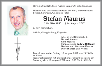 Traueranzeige von Stefan Maurus von Allgäuer Zeitung, Marktoberdorf