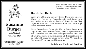 Traueranzeige von Susanne Burger von Allgäuer Anzeigeblatt