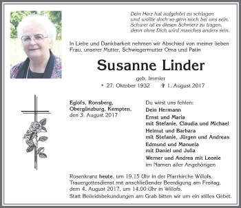 Traueranzeige von Susanne Linder von Allgäuer Zeitung, Marktoberdorf