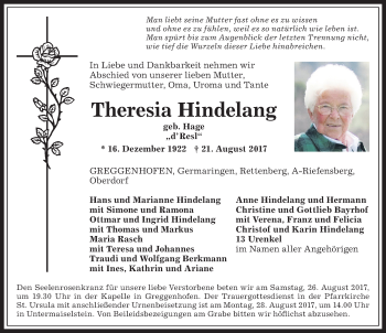 Traueranzeige von Theresia Hindelang von Allgäuer Anzeigeblatt