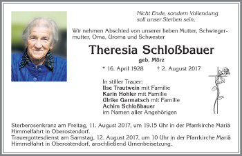 Traueranzeige von Theresia Schloßbauer von Allgäuer Zeitung, Kaufbeuren/Buchloe
