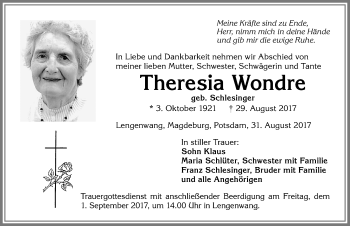 Traueranzeige von Theresia Wondre von Allgäuer Zeitung, Marktoberdorf