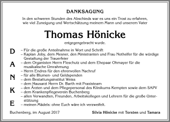 Traueranzeige von Thomas Hönicke von Allgäuer Zeitung,Kempten