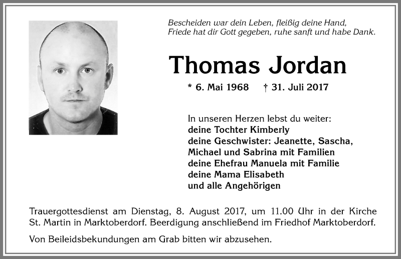  Traueranzeige für Thomas Jordan vom 05.08.2017 aus Allgäuer Zeitung