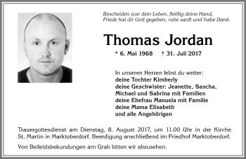 Traueranzeige von Thomas Jordan von Allgäuer Zeitung
