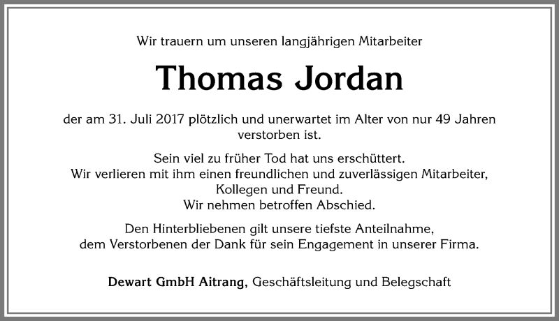  Traueranzeige für Thomas Jordan vom 05.08.2017 aus Allgäuer Zeitung, Marktoberdorf